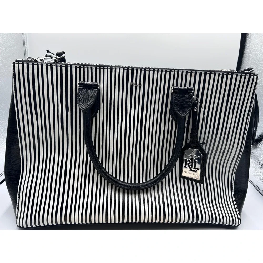 Lauren Ralph Lauren Black White Striped Leather Satchel Tote Bag NEW RLL